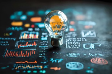 Conversion rate optimization in marketing. A bulb of ideas on the business information board. Black, yellow and blue color.