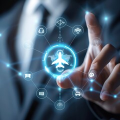 Fototapeta premium Businessman interacting with a futuristic digital interface focused on aviation and travel technology concepts.