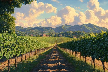 Obraz premium Sunny vineyard with rows of grapevines a rustic wine cellar wooden barrels and a scenic view of rolling hills in the background illustrated in warm inviting colors anime style