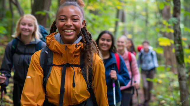Smiling students hike through woodland during outdoor deb ed trip
