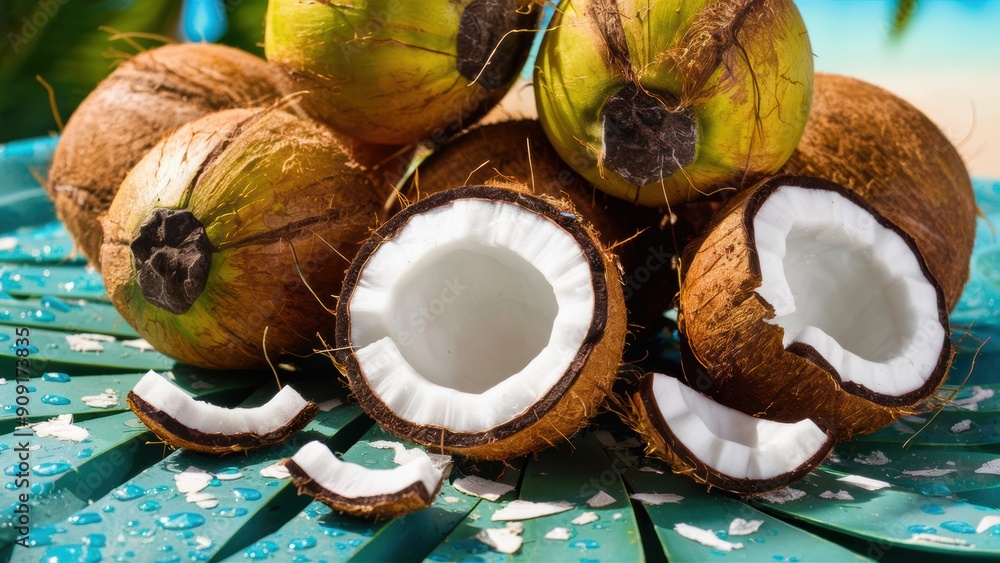 Sticker A bunch of coconuts are sitting on a blue table, AI