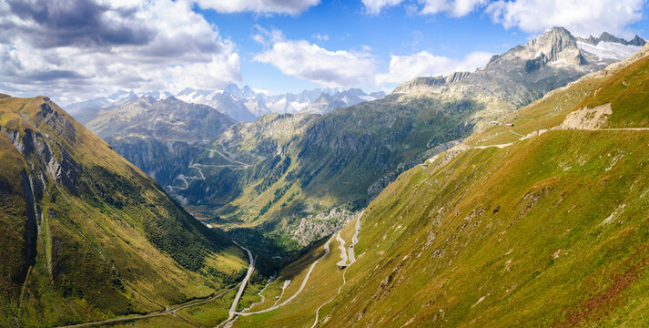 View down the upper Rhone Valley from the Furka Pass, leading to Gletsch and Grimsel Pass in Obergoms
