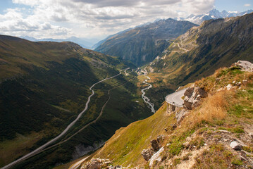 Fototapeta premium View down the upper Rhone Valley from the Furka Pass, leading to Gletsch and Grimsel Pass in Obergoms