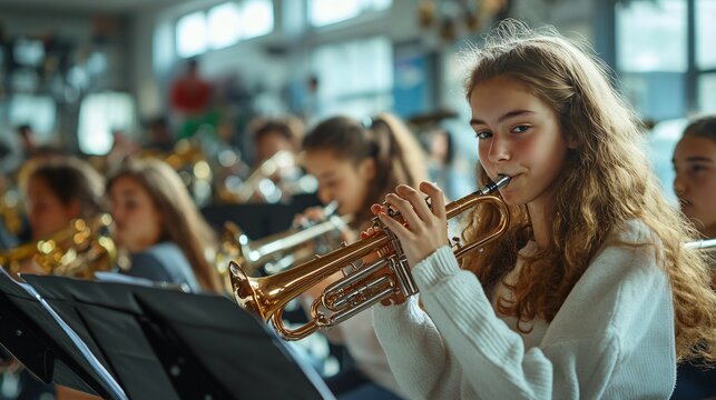 Energetic High School Band Practice in a Spacious Hall Collaborative Music Session with Diverse Instruments