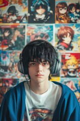 A Young Gamer Enthusiastically Surrounded by Vibrant Anime Posters while Wearing Headphones. young person in headphones relaxes before vibrant anime art, fully immersed in its stunning beauty. Anime