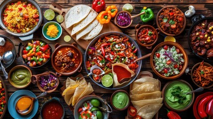 Fototapeta premium A vibrant assortment of Mexican dishes spread across a rustic wooden table, inviting family and friends to enjoy together