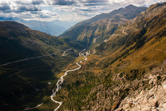 View down the upper Rhone Valley from the Furka Pass, leading to Gletsch and Grimsel Pass in Obergoms