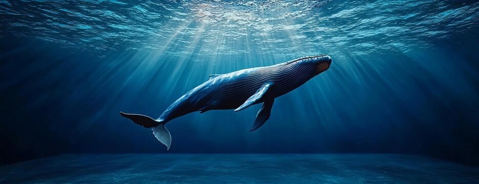 Solitary blue whale singing underwater, sound waves visible, whale behavior, communication in marine mammals