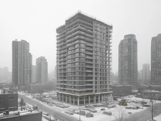 Fototapeta premium Construction of a high-rise building progresses amidst winter snow and fog