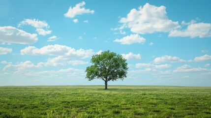 A lone tree standing in an open field under a vast sky