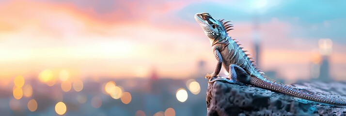 A colorful iguana perched on a rock with a vibrant cityscape blur in the background during sunset.