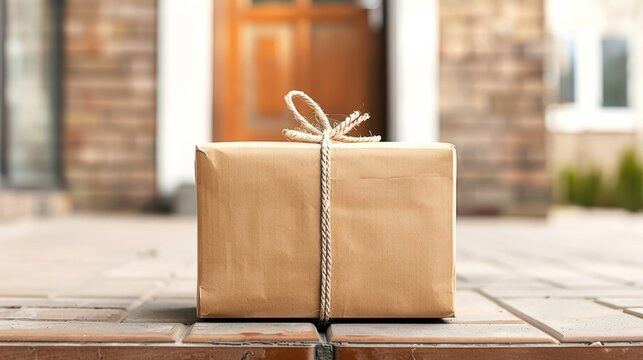A brown paper-wrapped package tied with string sits on a doorstep, ready for delivery, in front of a residential home.