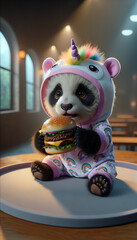 Panda in Unicorn Pajamas Eating Burger. AI Generated