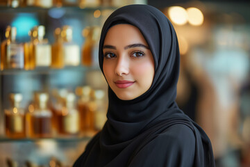 Young beautiful Eastern woman in hijab chooses perfume in a perfume store