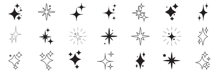 Black stars icon set. Stars collection. Star icon collection. Different star shapes. Sparkle star icon set. Isolated on white background. EPS 10