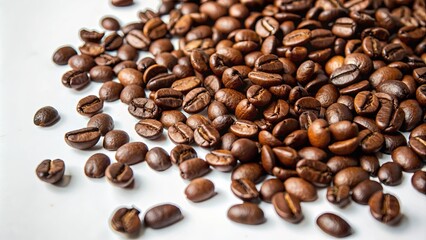 Fototapeta premium Close-up of Roasted Coffee Beans Scattered on a White Surface
