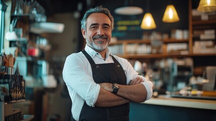Fototapeta premium A man with a white shirt and a black apron stands in front of a counter with a smile on his face