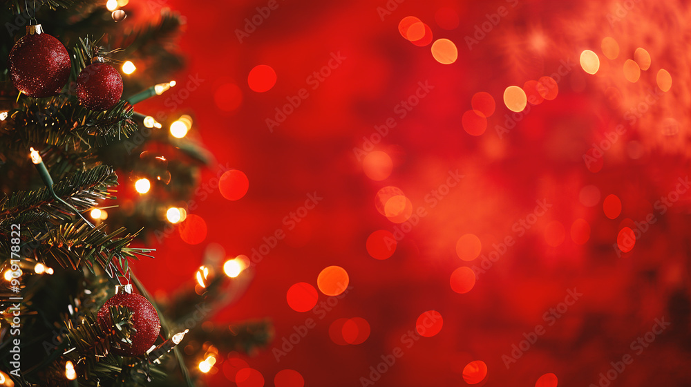 Wall mural christmas tree with red baubles on red bokeh background