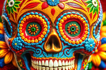 Obraz premium Colorful Ceramic Sugar Skull with Intricate Floral Patterns for Day of the Dead Celebration