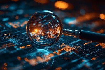 A magnifying glass over a digital data grid, highlighting illuminated information in an abstract, futuristic style, conveying themes of technology and analysis