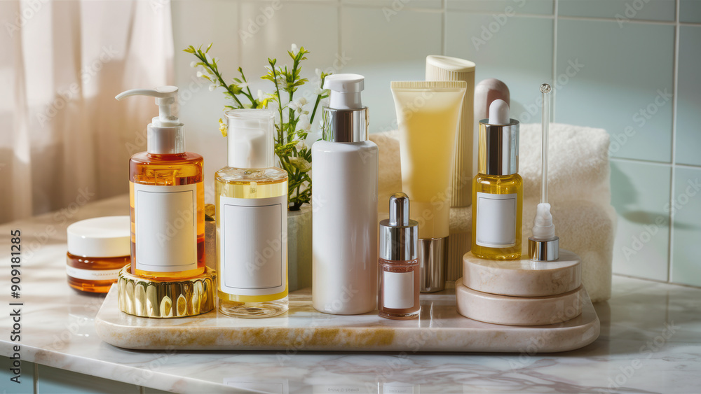 Poster A tray of various cosmetic products are displayed on a counter, AI