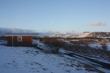 Cozy cabin iceland winter sunset