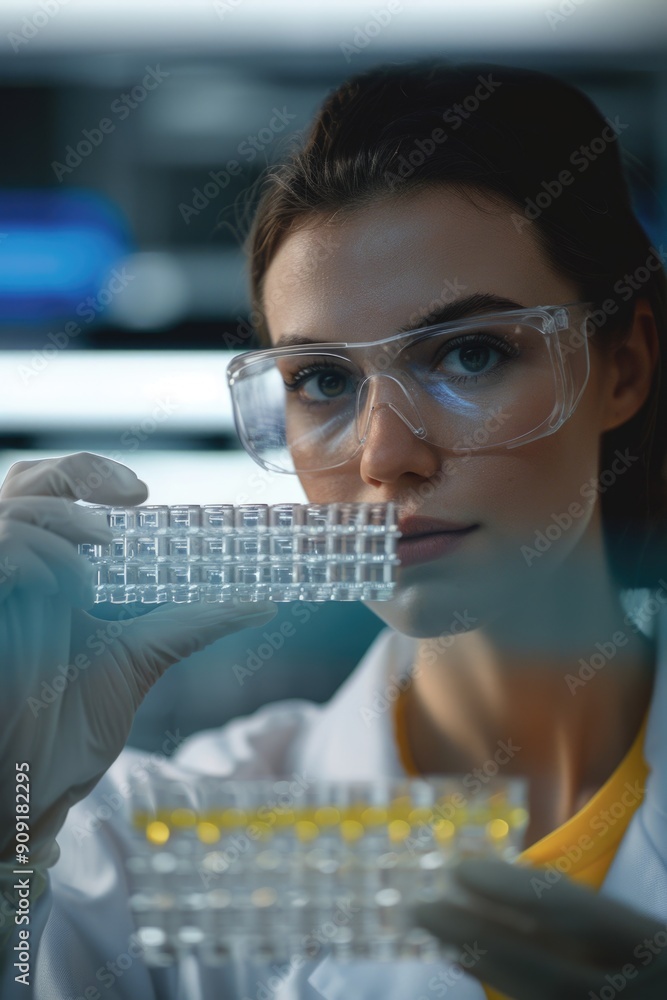 Poster scientist in lab attire holds a test tube, ready for experiments