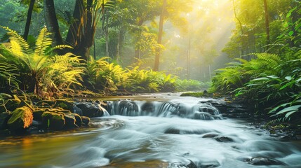 Serene forest stream with sunlight filtering through lush green foliage, creating a peaceful and calming natural scene.