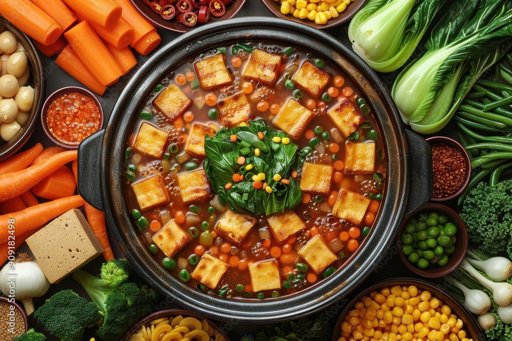 Sticker tofu and vegetables in mala hot pot with side dishes