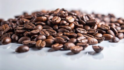 Fototapeta premium Close-up of Roasted Coffee Beans Scattered on a White Surface
