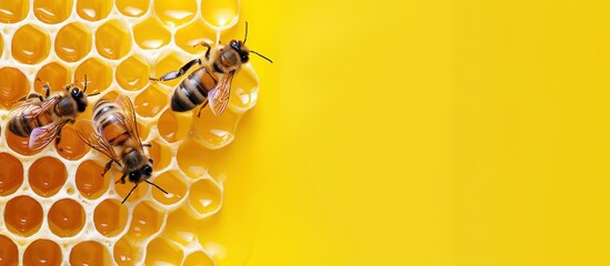 Three bees on a honeycomb with a vibrant yellow background, showcasing the intricate and natural beauty of bee life and honey production.