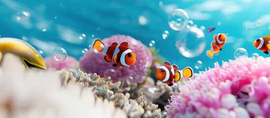 Fototapeta premium Vibrant underwater scene with clownfish swimming near coral reefs, bubbles rising through clear blue water, showcasing marine life in vivid colors.