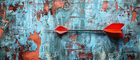 Vibrant red arrow lying against a colorful weathered wood background, creating a striking contrast and artistic composition.