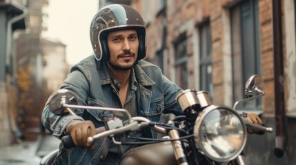 Portrait of a motorcycle mechanic with a helmet, working on a vintage motorcycle