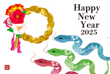 年賀状 デザイン　2025年 巳年 　フォトフレームあり　カラフルなへび手書き和風筆イラスト
