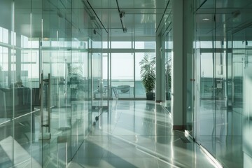 A modern office space with many glass walls and minimal decor