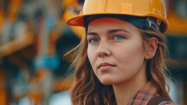 Woman Wearing Hard Hat and Standing in Front of Oil Rig