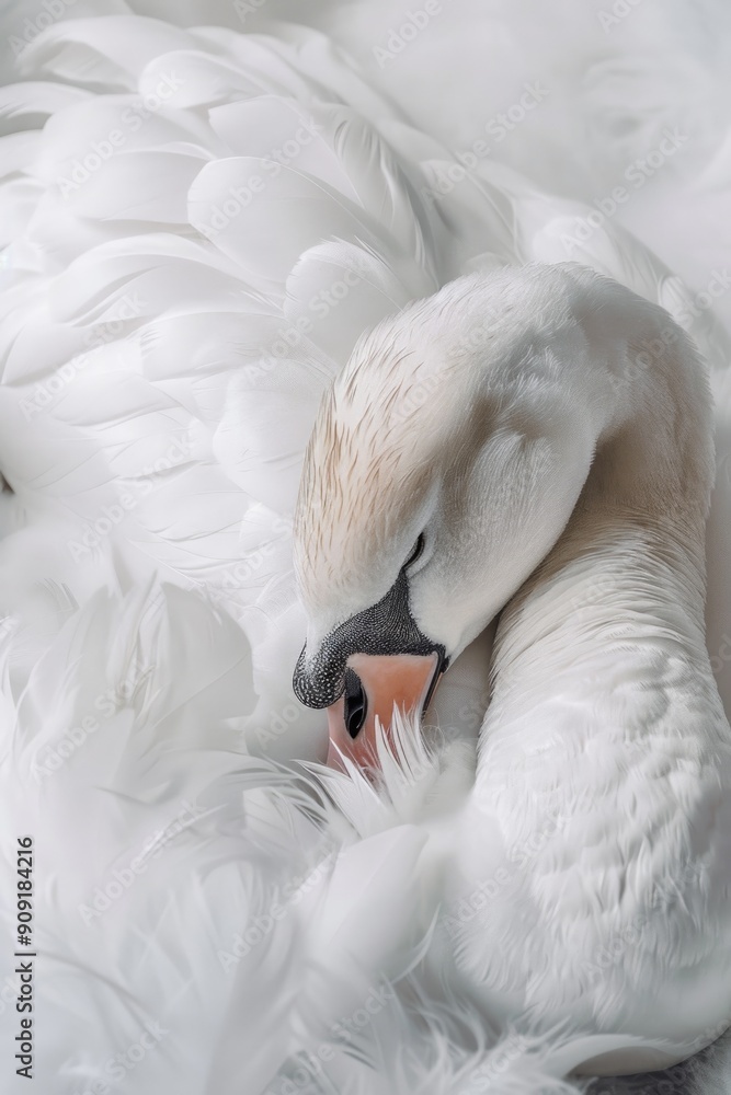 Poster a detailed view of a swan's head, focusing on its feathers and facial features