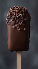 Close-up of a chocolate ice cream bar with nuts on a wooden stick, food photography concept