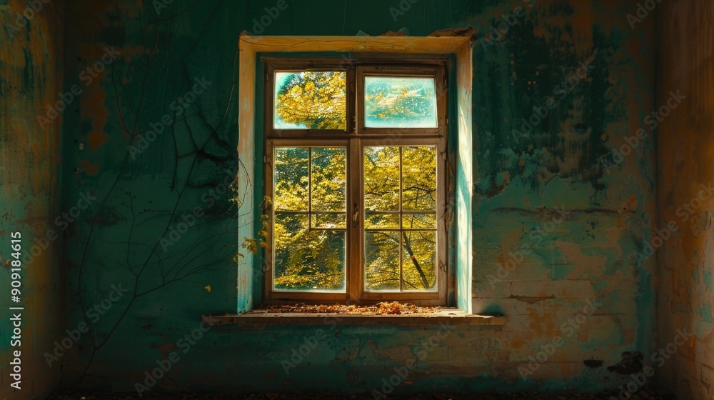 Poster old building window with a tree growing outside, perfect for a nostalgic or post-apocalyptic scene