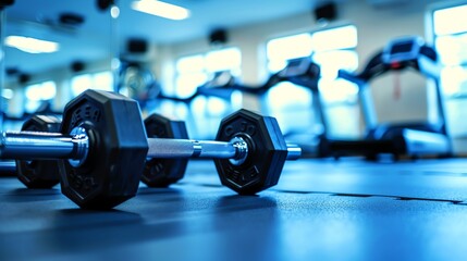 Close-up of dumbbells on a gym floor with treadmills in the background.