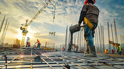 A construction worker pouring concrete into a formwork under the supervision of a site manager. © Dara