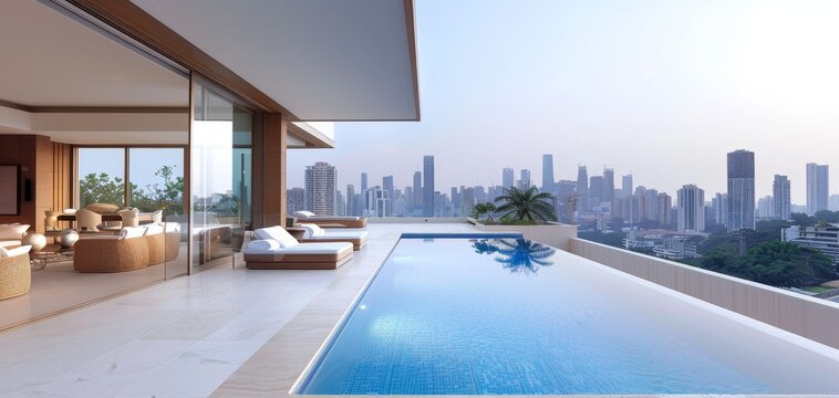 Luxurious rooftop pool terrace with city skyline view, modern architecture, and stylish outdoor seating. Perfect for relaxation and leisure. Experience breathtaking scenery from a exclusive skyscraper
