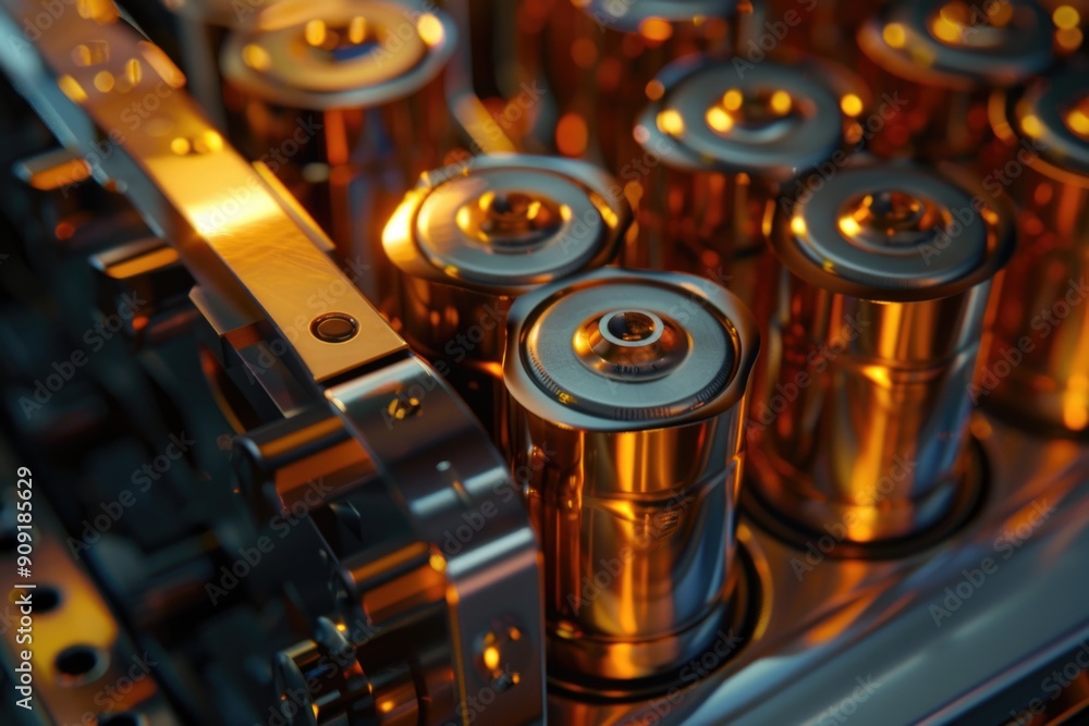 Poster a detailed view of batteries attached to a machine, suitable for use in technology or industry-relat