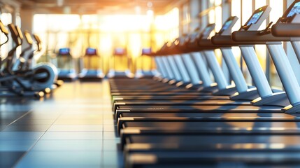 A row of treadmills in a modern gym with a bright, sunny window in the background.  The treadmills are empty, inviting viewers to imagine a workout.