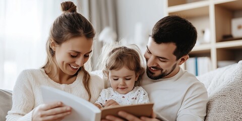 Obraz premium Family Story Time: A young family enjoys a cozy afternoon on the couch, sharing laughter and bonding over a beloved book. 
