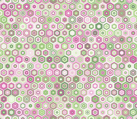 Seamless hexagon pattern. Hexagon stacked mosaic background. Honeycomb geometric shapes. Multiple tones color palette. Seamless pattern. Tileable vector illustration.