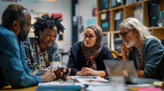 A diverse group of teachers collaborating on a lesson plan in a school staff room.