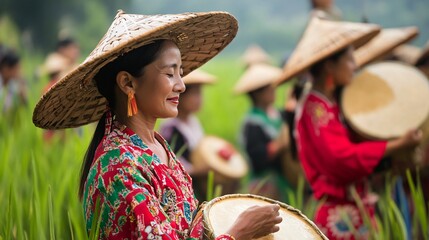 Obraz premium A community celebration of the rice harvest, with traditional music, dance, and food