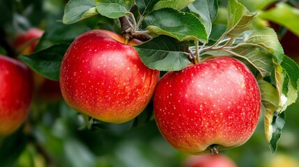 Obraz premium Close up of perfectly ripe, red apples hanging on the tree, ready to be picked